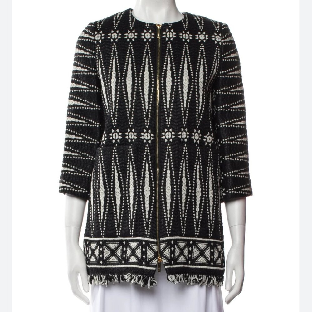 Tory Burch Sz 0 Black and White Jacket Tweed Fringe Gold Zipper